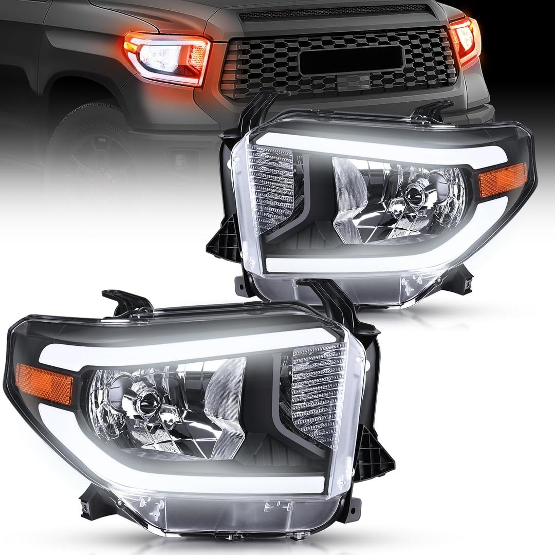 Nilight LED DRL Headlight Assembly Compatible with 2014 2015 2016 2017 2018 2019 2020 2021 Toyota Tundra Clean Lens Black Housing Amber Reflector Clear Lens Headlamps Replacement