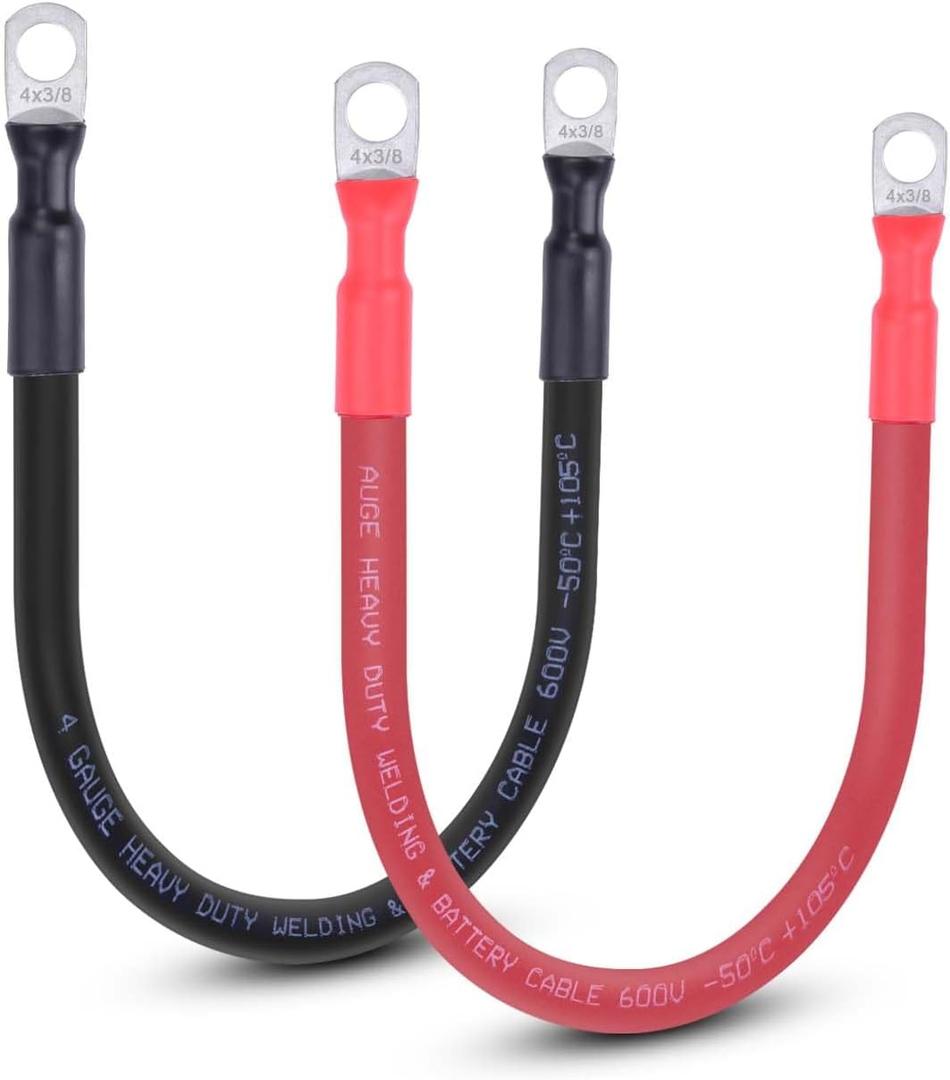 4 AWG Flexible Battery Cable with 3/8" Terminals - OFC Pure Copper Inverter & Welding Wire for Automotive Solar RV Motorcycle (Red + Black 1FT Pair)