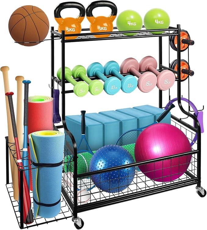 Dumbbell Rack Weight Rack for Dumbbells Home Gym Storage Rack for Dumbbells Kettlebells Yoga Mat and Balls All in One Workout Storage Rack Strength Training Equipment Storage Organizer with Wheels
