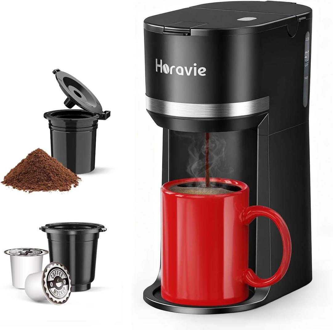 Mini Single Serve Coffee Maker for K Cup and Ground Coffee, Fast Brew One Cup Coffee Machine with Descaling Reminder and Water Window, 6 to 12 oz. Brew Sizes, Black (9.45 Inches)