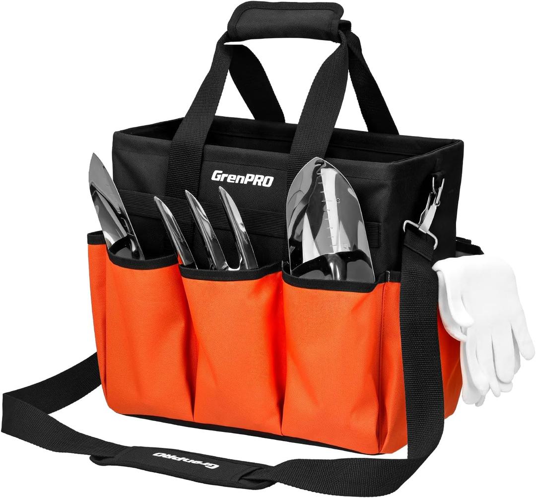 GRENPRO Garden Tool Bag Organizer, Heavy Duty Gardening Tote Toolbox with 10 Pockets, Adjustable Shoulder Strap, Standable & Foldable for Tool Storage, Home Garden Kit, Orange (Tools Not Included)
