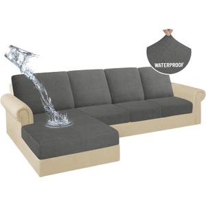 HDCAXKJ 100% Waterproof Sectional Couch Cushion Covers 8 Pieces L Shape Sectional Cover Stretch Chaise Sofa Seat Slipcover Set Jacquard Magic Sofa Cover (Dark Gray, 3 Seater + 4 Backrest + 1 Chaise)