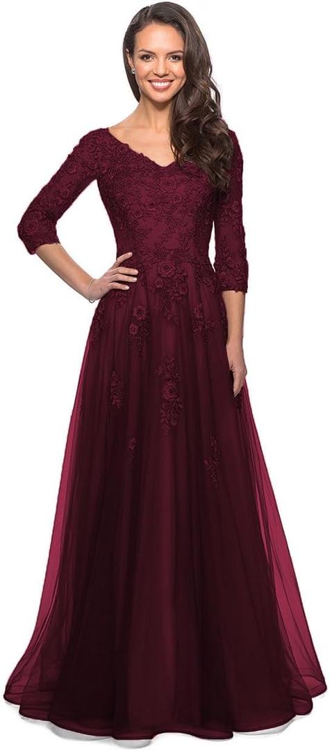 Miao Duo Women's Floral Lace Appliques 3/4 Sleeve Mother of The Bride Dresses Long V Neck Formal Dresses with Pockets YZTS028 (Burgundy), 16W