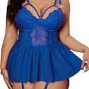 Alrovetoney Plus Size Lingerie For Curvy Women Ruffle Lingerie Set Sexy Lace Lingerie Set Garter Belt With Stockings (3X-Large, Blue)