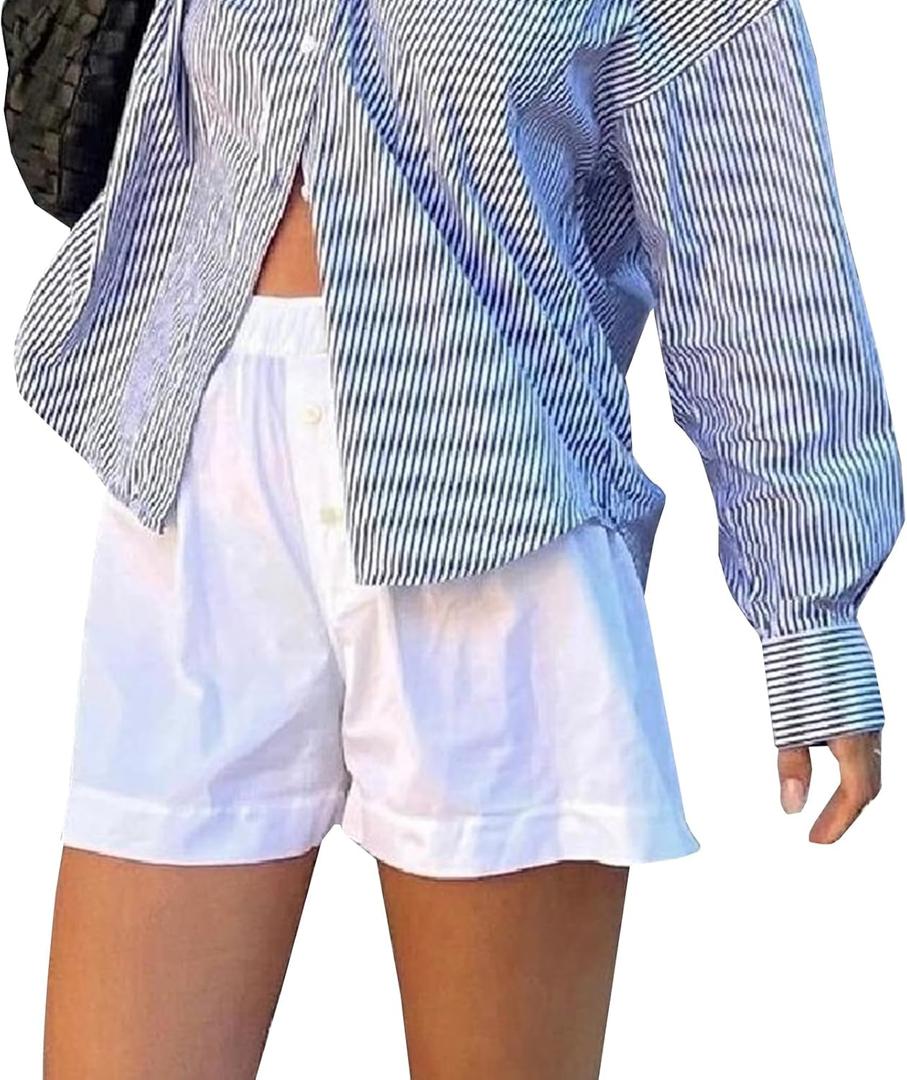 Women's Plaid Striped Shorts Pajama Elastic High Waist Wide Leg Summer Button Beach Nightclub Lounge Shorts (B# White, M), Medium