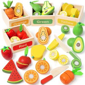 Wooden Play Food Toy Set for Kids Kitchen - 30 Pcs Montessori Cutting & Color Sorting Fake Fruit Accessories with 4 Boxes, Play Toys for Toddlers 3, Birthday Gifts for Boys Girls