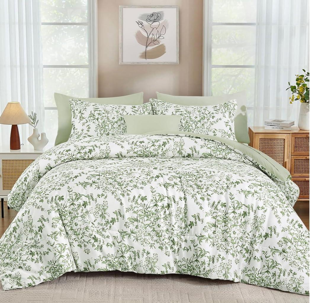 WONGS BEDDING 8 Pieces Full Size Comforter Set Green, Sage Green Floral Bed in a Bag Comforter Sets, Soft Reversible Botanical Flowers Bedding Sets for All Season (78"x90")
