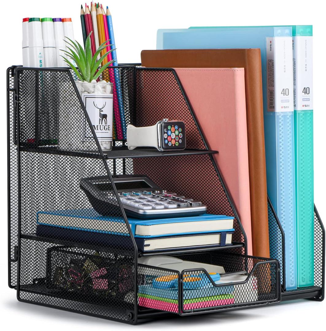 Desk Organizer, File Organizer for Desk with 2-Tier Paper Letter Tray, Drawer and 2 Pen Holder, Mesh Desktop Organization with Magazine Holder for Office Supplies (Black)