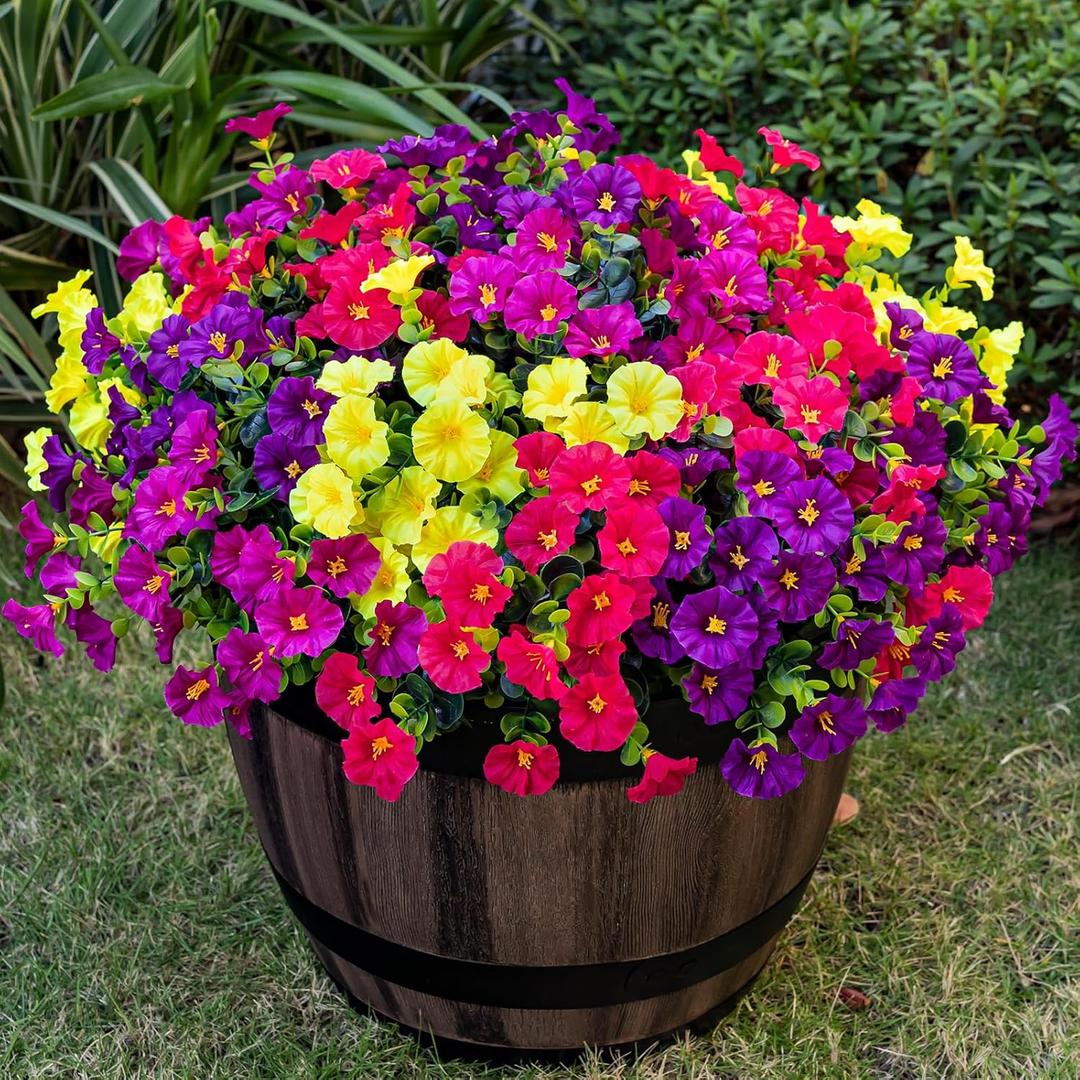 Nigirior Artificial Faux Flowers for Outdoor 16 Bundles Boxwood Fake Morning Glory for Planter,UV Resistant Fake Flowers for Home Porch Patio Outside4 Color