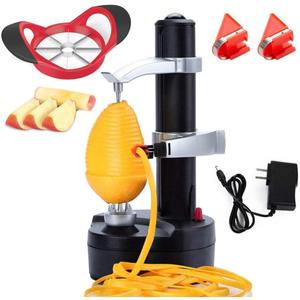Electric Potato Peeler Automatic Apple Peeler, Smart Vegetable Fruit Peeler Machine, Stainless Steel Kitchen Peeling Tool [1 Adapter 2 Extra Blades] with Apple Slicer Corer (Black-R)