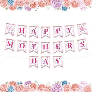 Happy Mothers Day Banner - Pink Floral Bunting Banner Mother's Day Family Photo Backdrop Best Mom Ever Theme Garland Decoration for Mothers Day Birthday Party Supplies