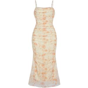 GORGLITTER Women's Floral Ruched Bodycon Midi Dress Mesh Sleeveless Fishtail Cami Dresses (X-Large)