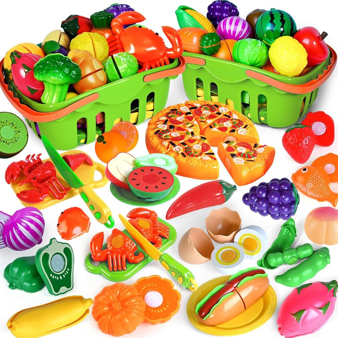 100 PCS Cutting Play Food Toy for Kids Kitchen, Pretend Food Toys for Toddlers, Play Kitchen Toys Accessories with 2 Baskets, Fake Food/Fruit/Vegetable, Birthday Gifts for 3 4 5 6 Years Old Boys Girls (Green)