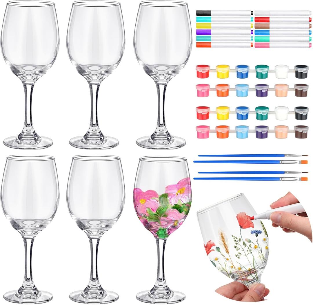 Pickmesh 6 Sets Paint Your Own Wine Glass Crafts Glass Painting Gift 12 Pcs DIY Markers 12 Colors Acrylic Paint with Brushes to Design Your Own Personalized Craft(High Feet)
