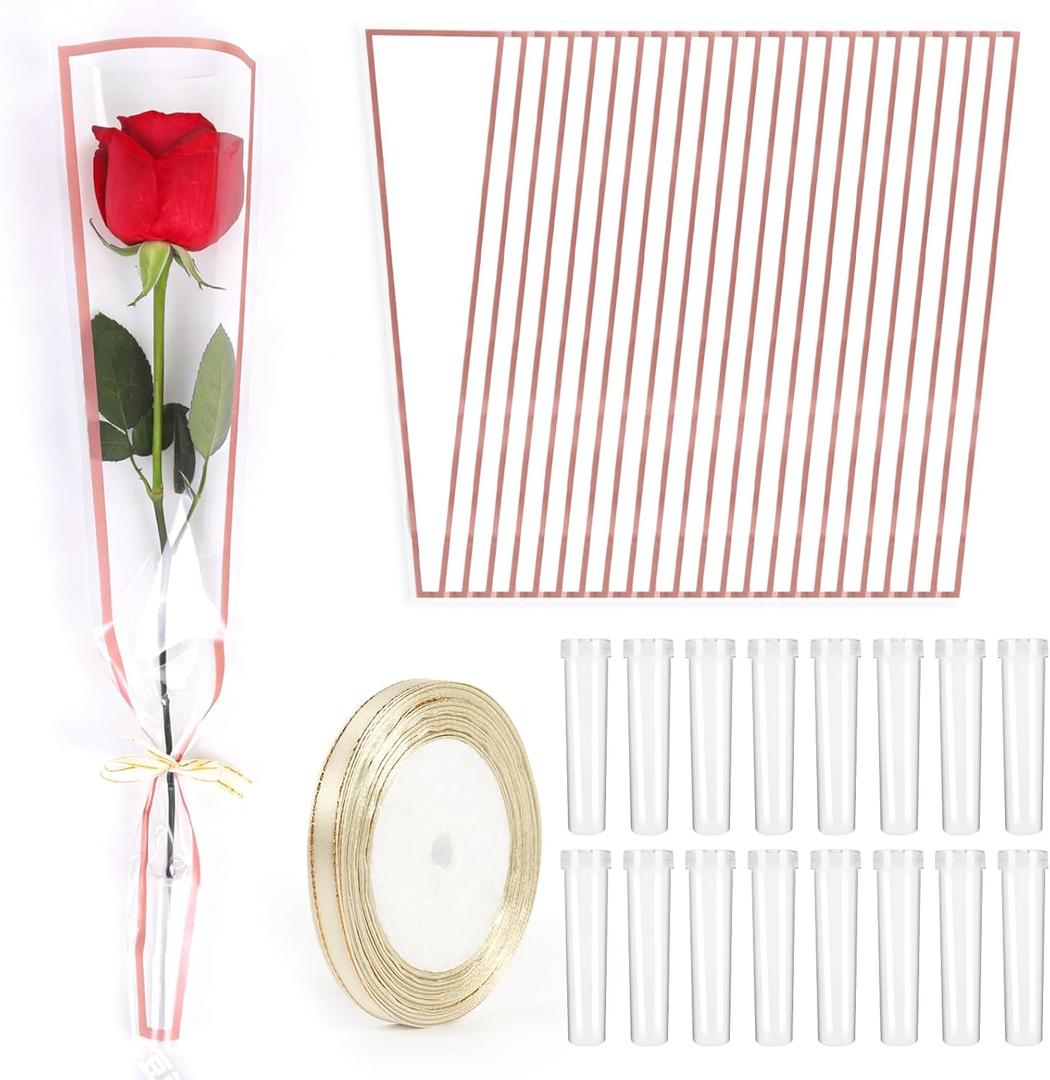 50 Pcs Flower Water Tubes with 50 Pcs White Single Rose Sleeve Single Rose Holder for Bouquets Flower Vials Individual Single Stem Floral Wrapping Bag for Mother's Day Graduation Florist Supplies