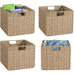 12x12x10in Seagrass Storage Baskets Set of 4, Large Wicker Storage Basket, Decorative Seagrass Shelf Basket, Pantry Baskets Organization,Folding Storage Cube Bins