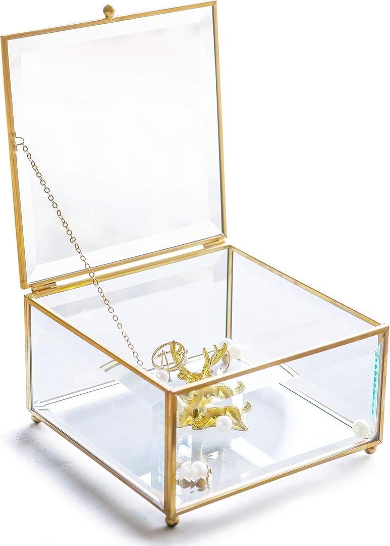 Vintage Golden Glass Keepsake Box with Beveled Edges  Elegant Jewelry Holder, Desktop Organizer, and Wedding Gift with Lid, 6x6x3.5 Inches