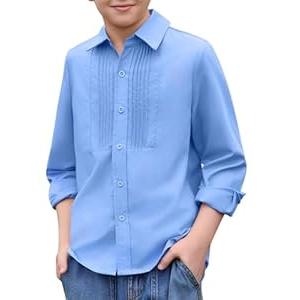 Haloumoning Boys Pleated Front Long Sleeve Dress Shirts Kids Button Down School Uniform Shirt (9-10 Years, Blue)