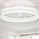 Bladeless Ceiling Fan with Lights, 19.7'' 3000-6000K Dimmable 6 Wind Speed Low Profile Led Ceiling Fan, Reversible DC Motor Modern Flush Mount Indoor Kitchen Bedroom Fandelier Ceiling Fans (White-Style 2)