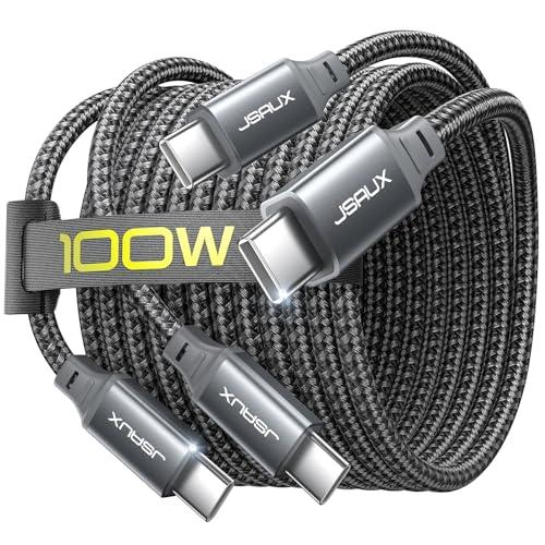 JSAUX 100W USB C to USB C Cable [2-Pack 10FT], Type C Fast Charging Cord for Samsung S26, iPhone 17e/iPhone 17/iPhone Air/iPhone 17 Pro Max, iPhone 16/15 Series, Galaxy S/Note, MacBook, iPad - Grey