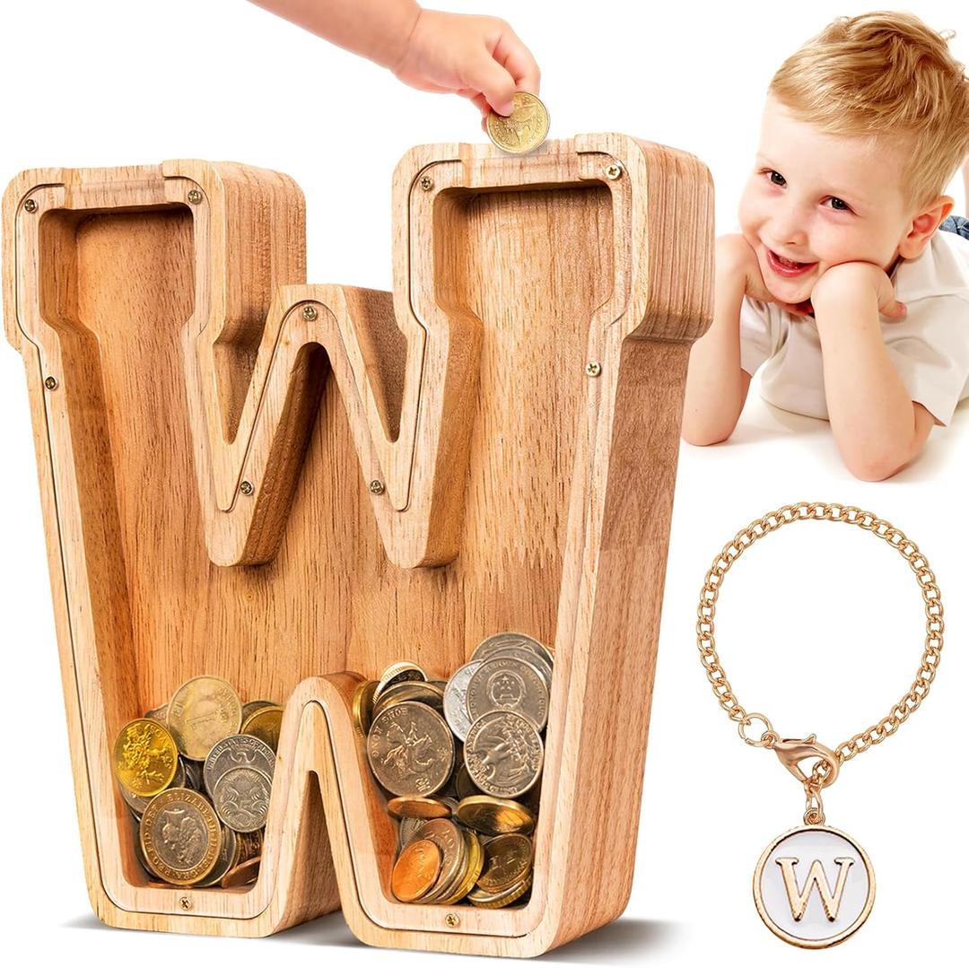 SummiDate Wooden Letter Piggy Bank for Kids| Piggy Bank for Boys Girls Toddler| Alphabet W Money Bank| Personalized Initial Wood Coin Bank Birthday for Kids (W)