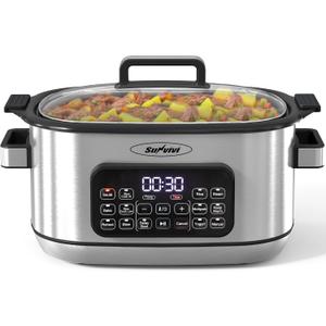 Sunvivi 12-in-1 Multi Cooker, 6.5QT Programmable Slow Cooker with Timer & Temp Control, Auto Warm Setting, Delay Start, Dishwasher Safe Lid & Removable Nonstick Crock, Stainless Steel Rack, Sliver