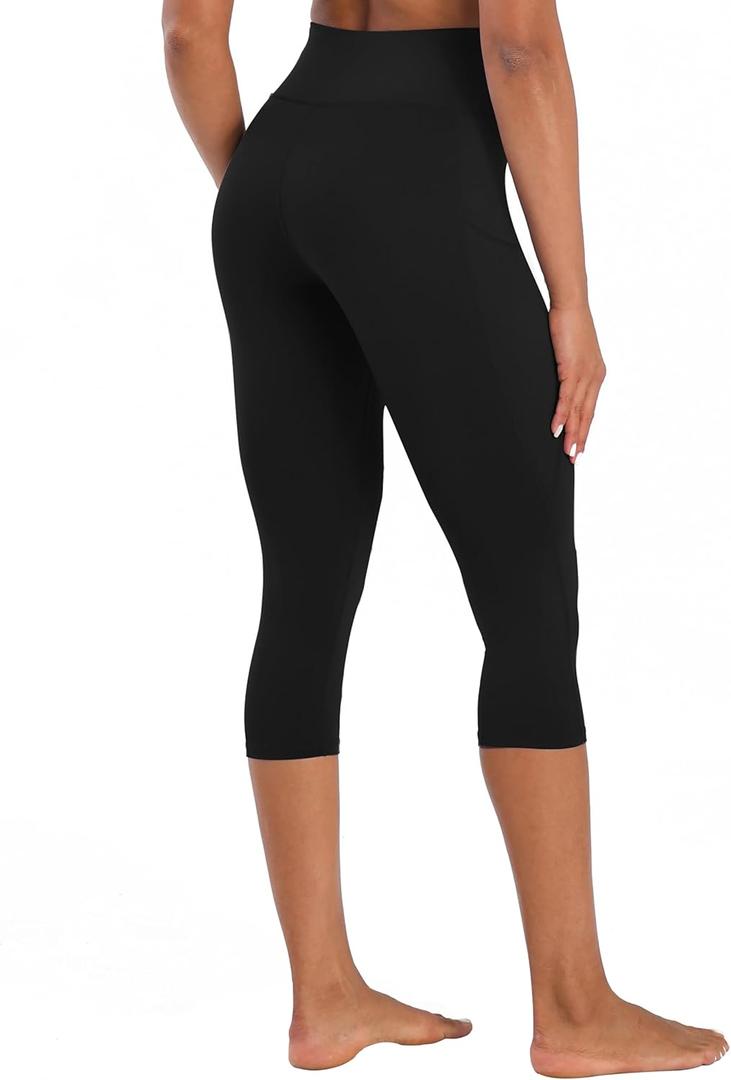 Women's High Waist Capri Leggings with Pockets Tummy Control Cropped Yoga Pants for Summer Fitness Workout Athletic L