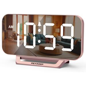 Peakeep Slim Digital Mirror Aesthetic Alarm Clock for Bedroom Living Decor, Plug in Electric Clock Big LED Modern Small Table Clock for Office Desk, Battery Backup, 6 Dimmers (Rose Gold)