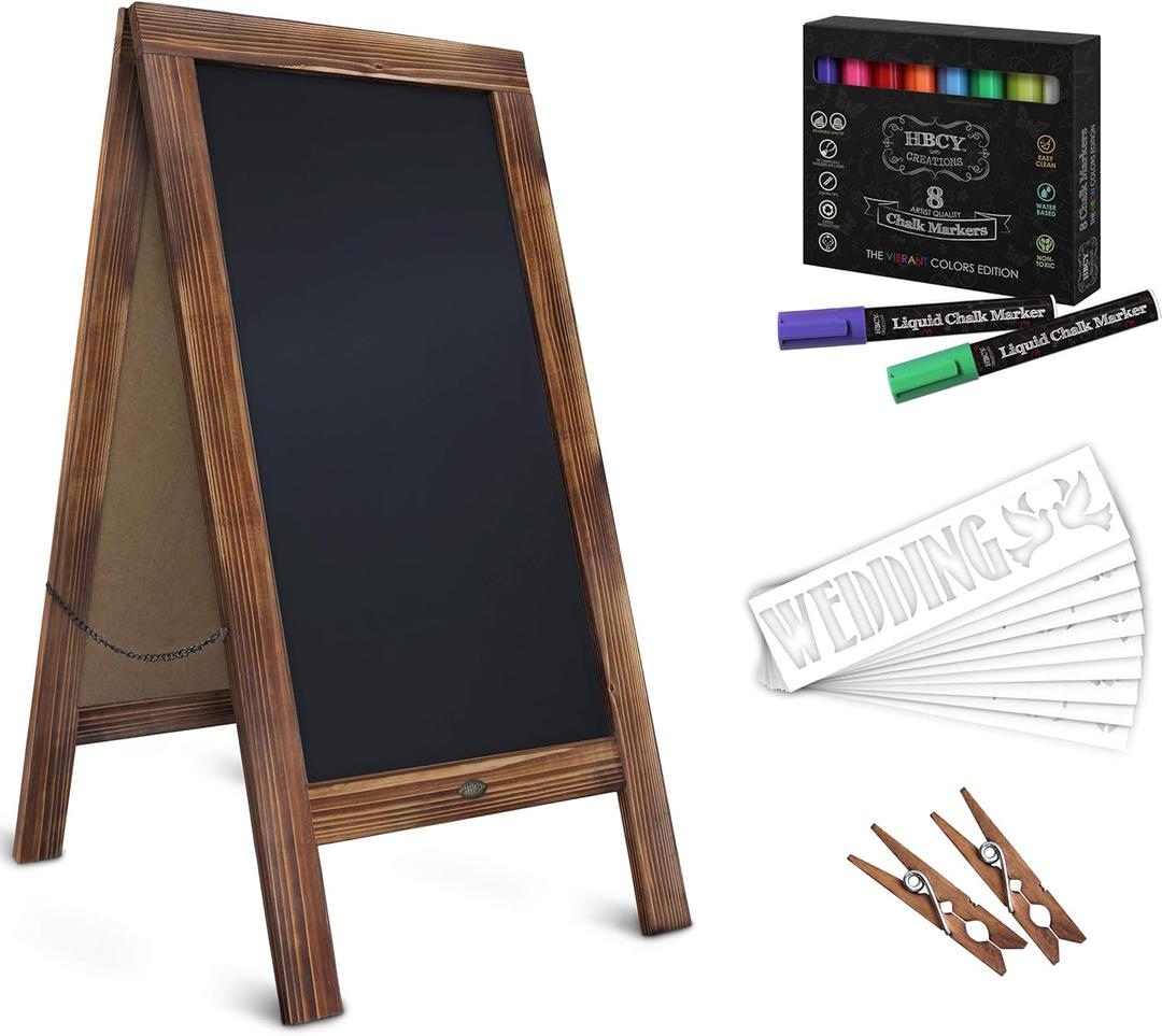 A Frame Chalkboard with Chalk Markers by HBCY Creations: 40x20 Solid Wood A-Frame Sign Gray Double-Sided Magentic Menu Board, Deluxe Set Includes 8 Chalk Markers, 10 Stencils, 2 Magnets (1- Torched Brown)