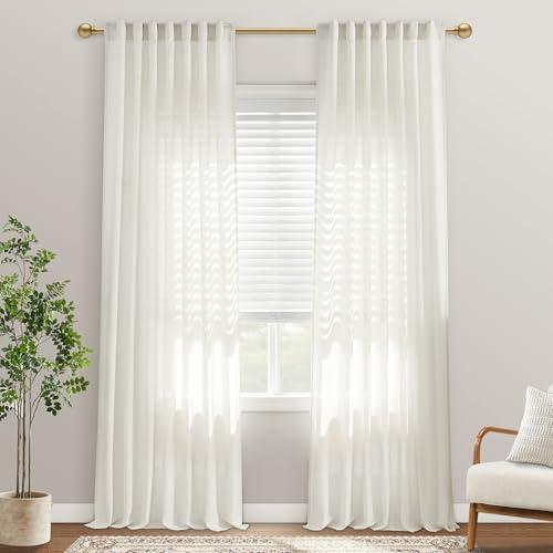 92 Inch Linen Sheer Curtains, Light Filtering Cotton Blend Boho Back Tab Pleated Curtains for Bedroom Living Room, 2 Panel Set, Cream