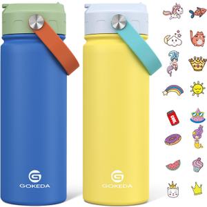 GoKEDA 18oz Kids Water Bottle, 2 Pack Insulated Bottles with Stickers, 18/8 Stainless Steel Vacuum Leak Proof Straw Cup for School, Gifts for Boys Girls(BlueYellow+GreenBlue)