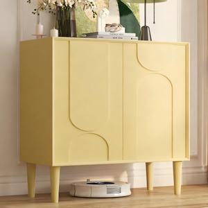 Easyego Mid Century Modern Cabinet, Sideboard Buffet Cabinets with 2 Doors, Wood Accent Storage Cabinets with Adjustable Shelves and Decorative PanelMordenYellow