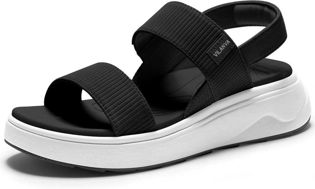 Vilanva Women's platform sandals Comfortable Cushioned Walking Shoes with Soft Insole Backstrap Casual Open Toe Summer Sandals Black, Size 8