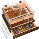 VALLUME Acrylic Humidor Box,High-Definition Transparent Cigar Case,Lock Latches and 90-Degree Opening Hinges Cigar Box,Cigar Accessory Drawer,Digital Hygrometer and Humidifier,Holds About 50-60 cigars