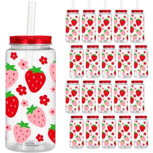 FYSUIMU 20 Pcs Strawberry Plastic Cups with Lids Straws Clear Reusable Mason Jar Red Pink Flower Strawberry Drinking Cups for Birthday Baby Shower Supplies, 14 Oz