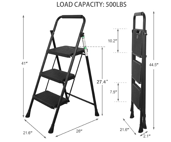 3 Step Ladder, Folding Step Stool with Wide Anti-Slip Pedals, 500lbs Sturdy Steel Ladder with Handrail, Space-Saving, Portable for Home & Adults, Black