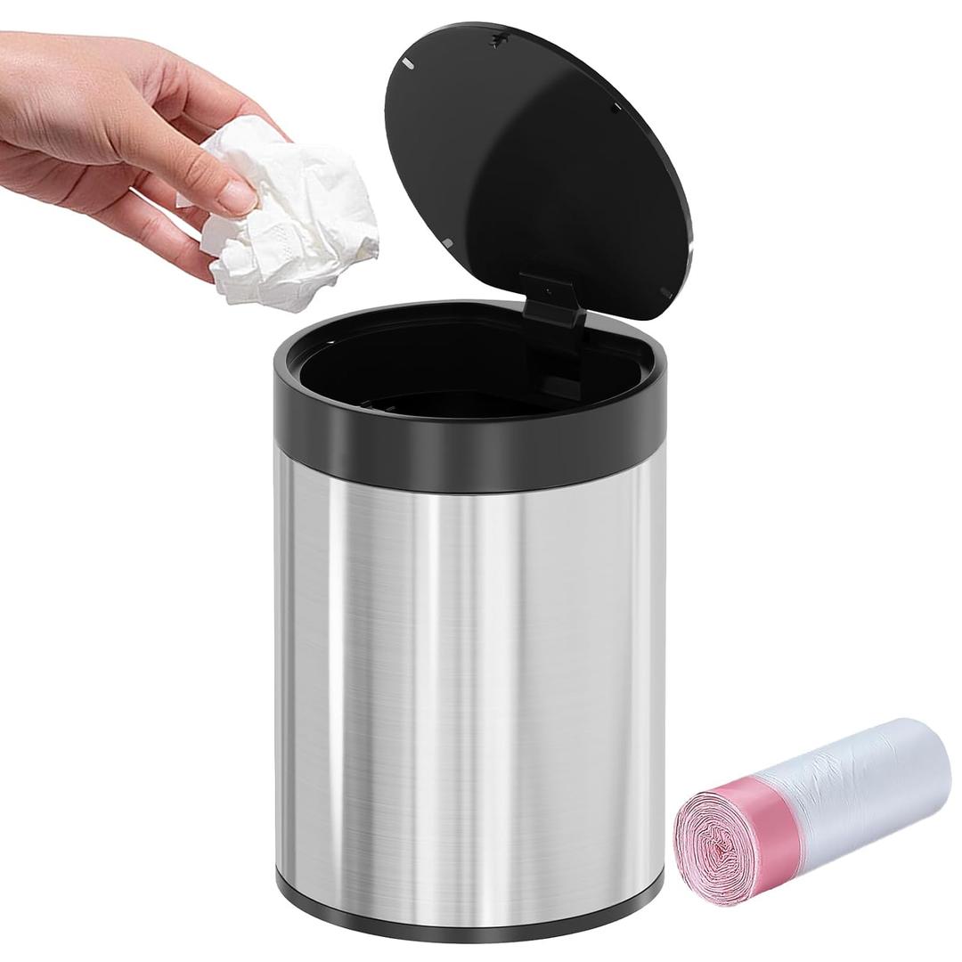 Mini Trash Can for Desk 0.4 Gallon,1.5L Stainless Steel mini Desk Trash can with Lid,Tiny Trash Can for Desk with 1 Roll Bags for Office, Home, Car,(Brushed Gray) (Metallic Silver)