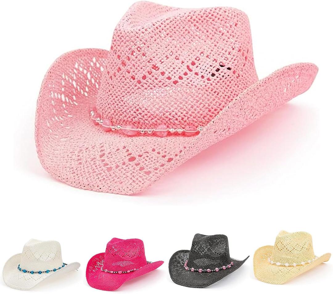 Straw Cowboy Hat for Women with Beaded Trim and Shapeable Brim (One Size, Light Pink) Straw Cowboy Hat for Women with Beaded Trim and Shapeable Brim (One Size, Light Pink)