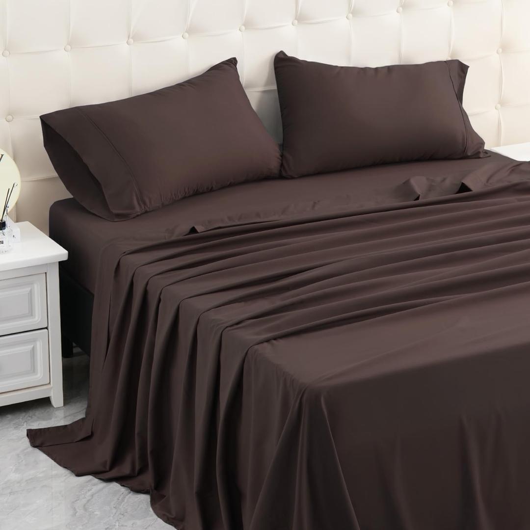 MICORAL Full Bed Sheets Set, Soft Breathable Bedding Sheet Set, Sheets Set with 16" Deep Pocket Design (4 Pieces, Full, Brown)