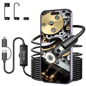 Dual Lens Endoscope Camera with Light, 1920P HD Borescope with 8 Adjustable LED Lights, Borescope with 16.4ft Semi-Rigid Snake Camera with Light, 7.9mm IP67 Waterproof Endoscope for iOS and Android