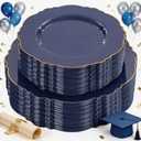 WDF 100pcs Blue Plastic Plates - Baroque Blue&Gold Disposable Plates for Parties/Wedding-50Plastic Dinner Plates 10.25in, 50Salad Plates 7.5in for Party/Birthday/Wedding/Graduation