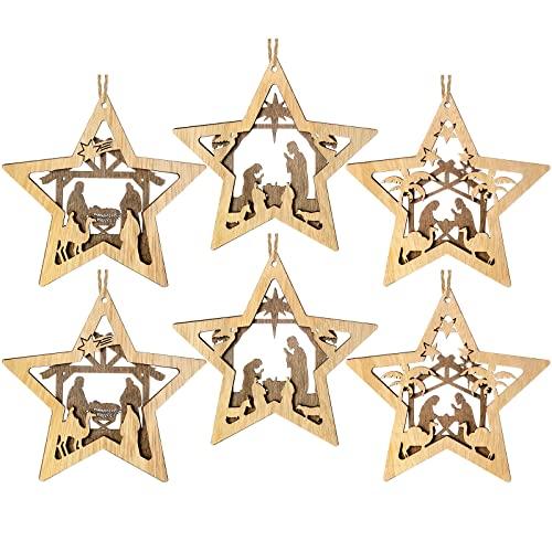 6 Pieces Christmas Nativity Scene Ornaments Jesus Christ Wood Hanging Christian Ornaments Star Shape Nativity Scene Keepsakes Rustic Wooden Christmas Tree Decorations for Xmas