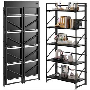 Folding Bookshelf, 2-in-1 Convertible Design, Multifunctional Plant Stand Storage Rack Shelves for Home Office, Easy Assembly, 5-Tier, Black