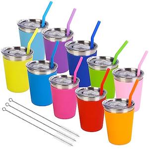 8 Pack Kids Cups with Straws Lids Spill Proof Toddlers Tumbler with Colorful Silicone Sleeves Reusable Kids Stainless Steel Smoothie Cups with Lids for Cold & Hot Drinks -12oz