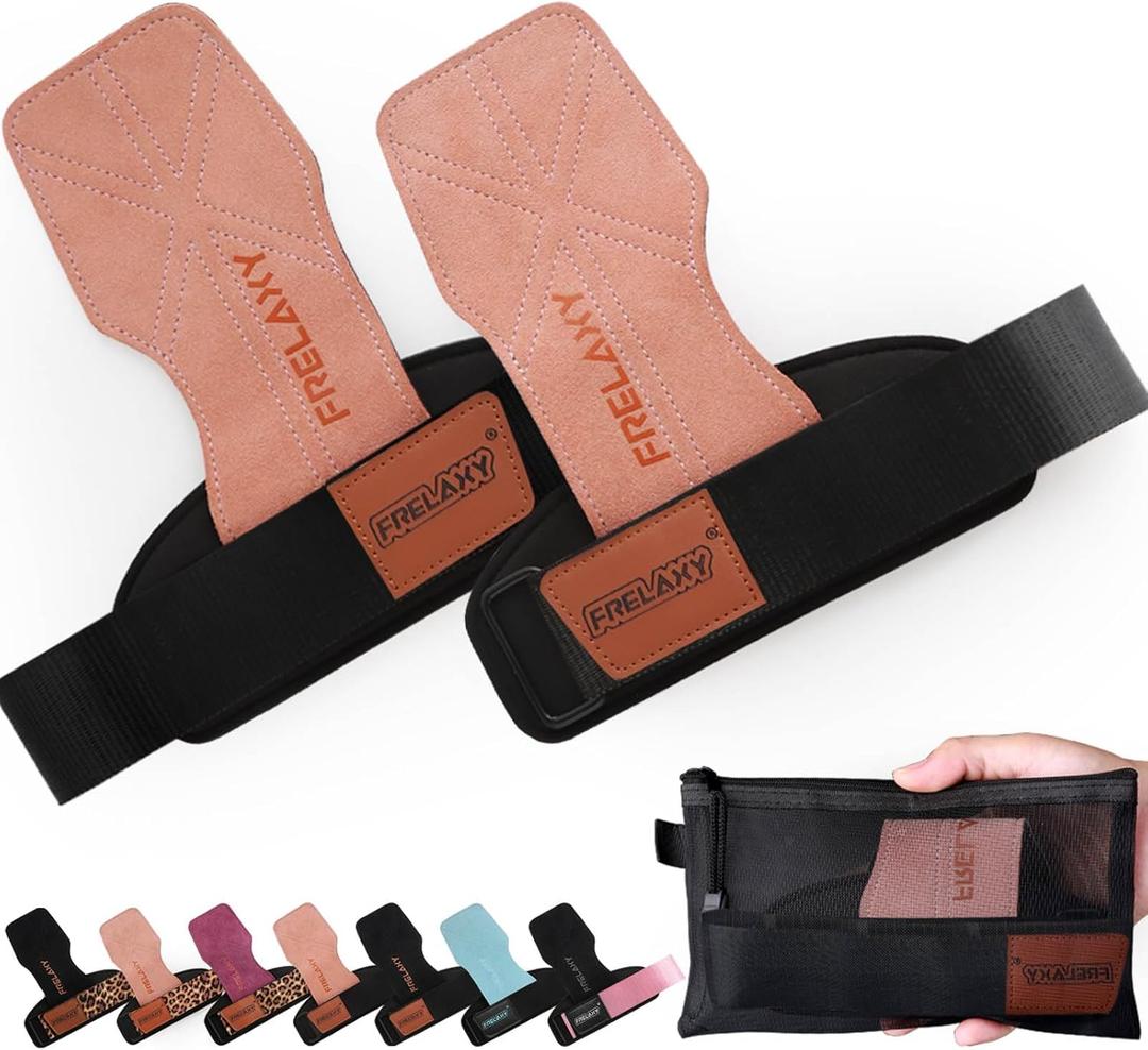 Frelaxy Lifting Wrist Straps Women and Men, Weight Lifting Grips with Cushion Wrist Loop, Double Layer Leather and Storage Pouch, Gym Workout Straps for Deadlift and Powerlifting (Pink/Black)