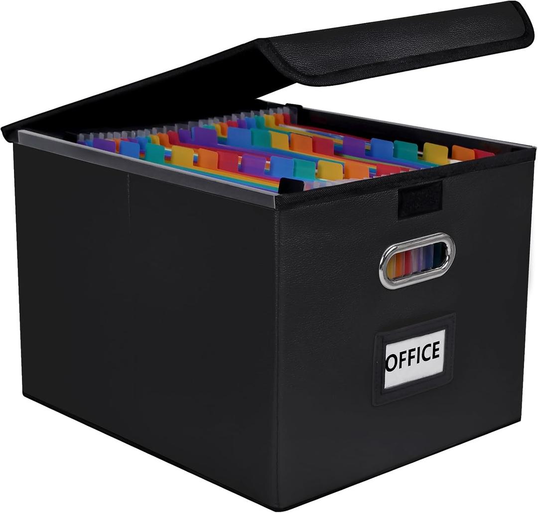 Vexalora File Organizer Box with Folder, 25 Pockets Accordion File Organizer with Colored Labels, Upgraded & Portable File Folders for Home, Office, School, BlackLeather