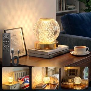 Rechargeable Crystal Bedside Lamp, Cordless Table Lamp with Remote & Touch Control, 3600mAh Fast Charging, 3 Color Dimmable Wall Mountable Night Light for Bedroom Home Decor(Gold)