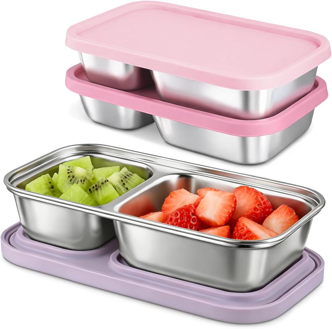 3 Pack Stainless Steel Snack Containers with Silicone Lids, 2-Compartment Snack Containers for Lunch, Office, Travel & Camping (Muted Lilac, Blush Pink, Dusty Rose)