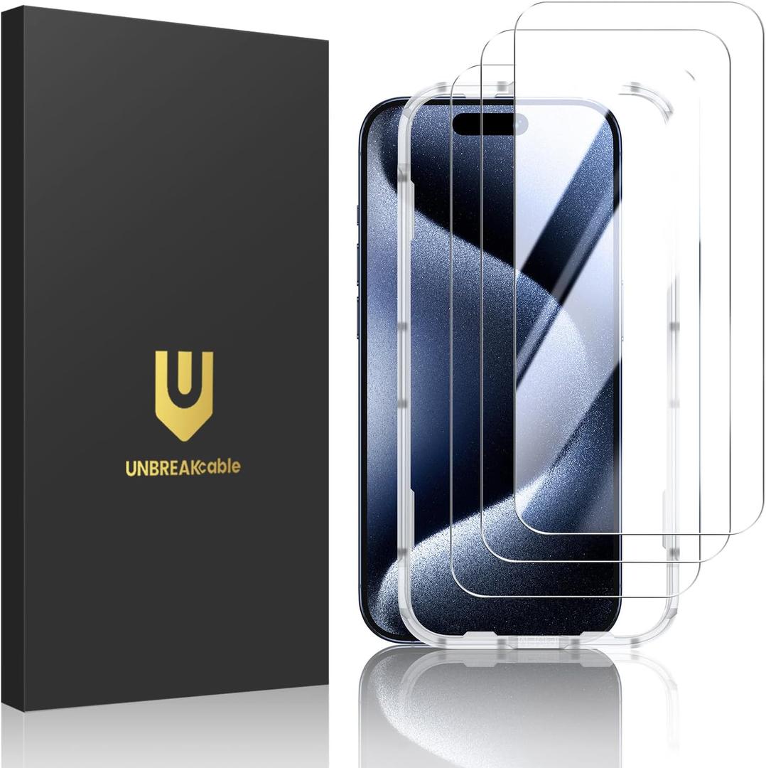 UNBREAKcable Shatterproof Tempered Glass Screen Protector for iPhone 15 Pro Max [3-Pack][Easy Installation Frame] [9H Hardness] [99.99% HD Clear] [Bubble Free] for Apple 6.7