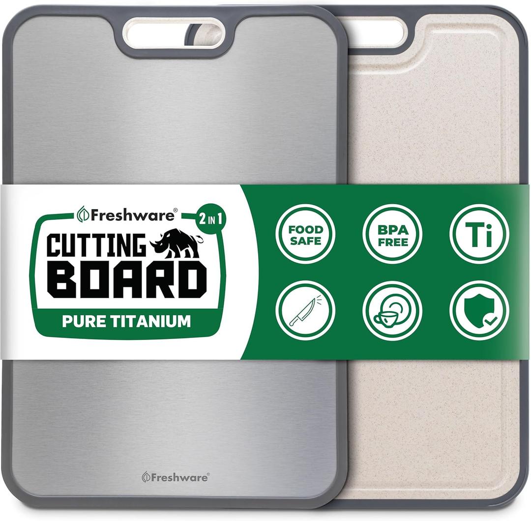 Freshware Titanium Cutting Board for Kitchen, Double Sided and Non Slip Cutting Boards, Pure Titanium/PP, Chopping Board with Juice Grooves, Dishwasher Safe, Large 15.2" by 10.5"